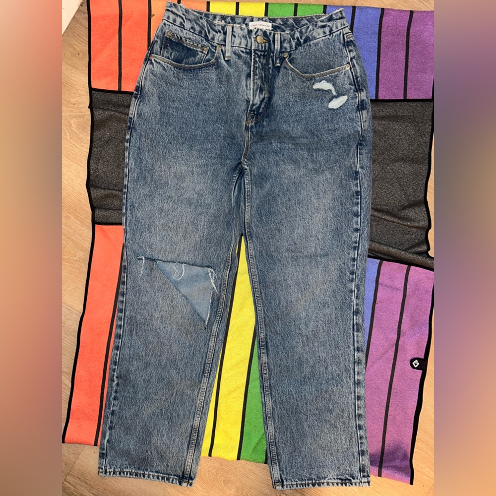 Good American | Baggy, loose fit frayed distressed ankle jeans